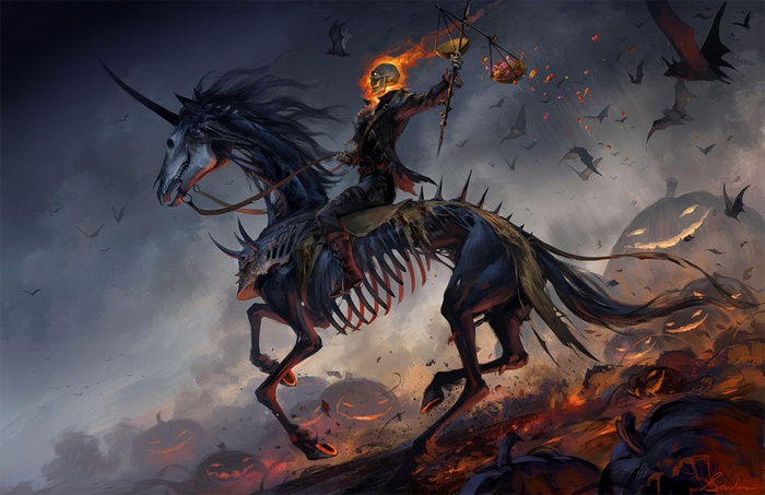 Ghost Rider on a skeletal unicorn with jack-o-lanterns