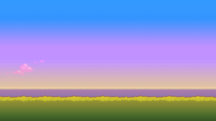 Pixel art landscape with grass, ocean, and sky