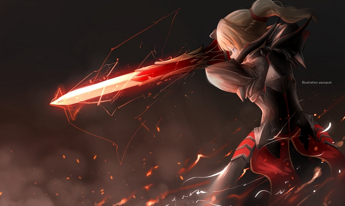 Mordred from Fate/Apocrypha with a glowing sword