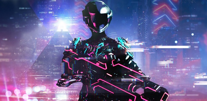 Mag from Warframe in a futuristic city
