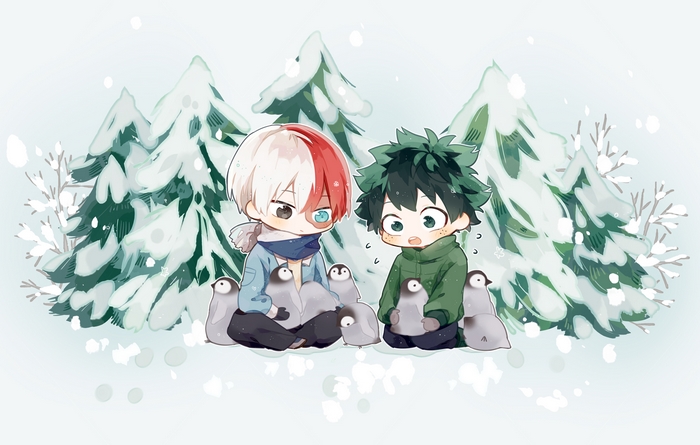 Shouto Todoroki and Izuku Midoriya with penguins