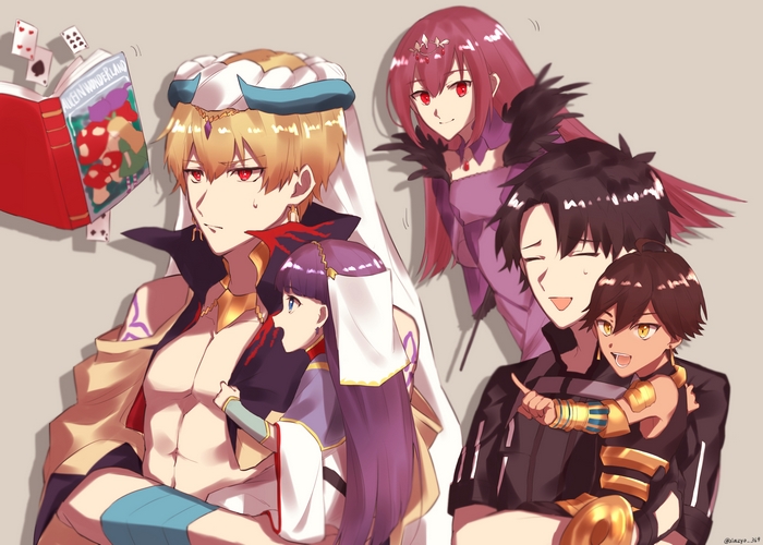 Gilgamesh, Nursery Rhyme, Scathach, and Ritsuka Fujimaru from Fate/Grand Order