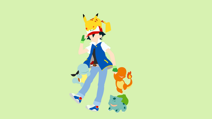 Ash Ketchum with Pikachu, Squirtle, Charmander, and Bulbasaur