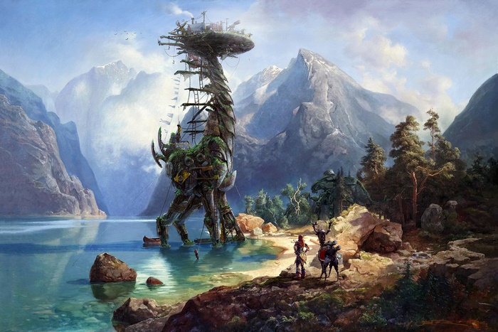 Giant Robot and Aloy on Lake with Mountains