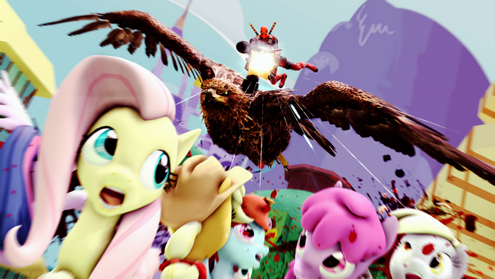 Deadpool riding an eagle attacking My Little Pony characters