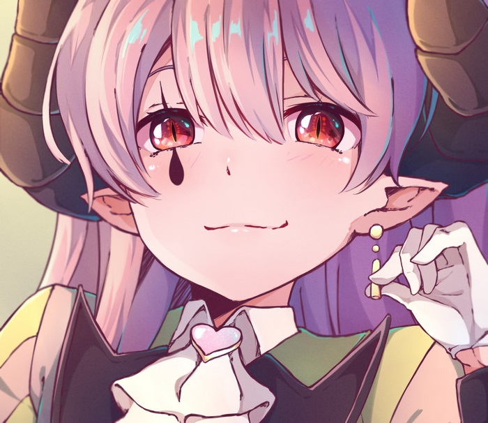 Girl with purple hair, horns, and red eyes