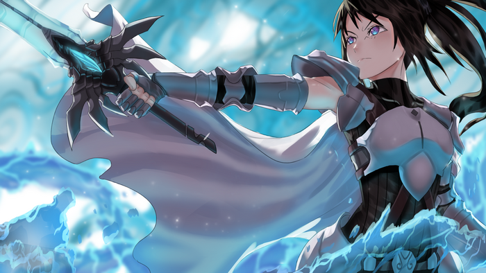 Woman warrior with black hair and blue eyes holding a sword