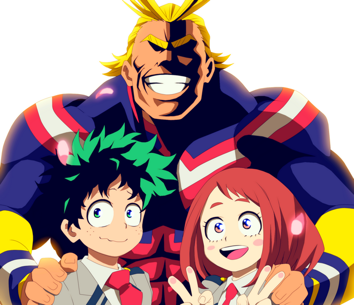 All Might, Izuku Midoriya, and Ochaco Uraraka from My Hero Academia