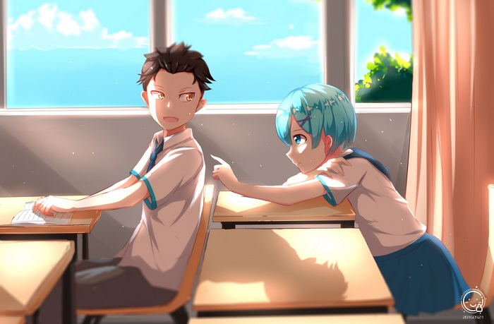 Subaru Natsuki and Rem in a Sunny Classroom
