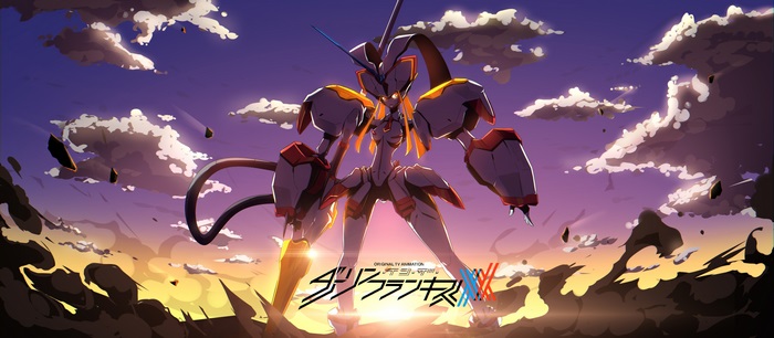 Strelizia Mecha Standing at Fiery Sunset Glow