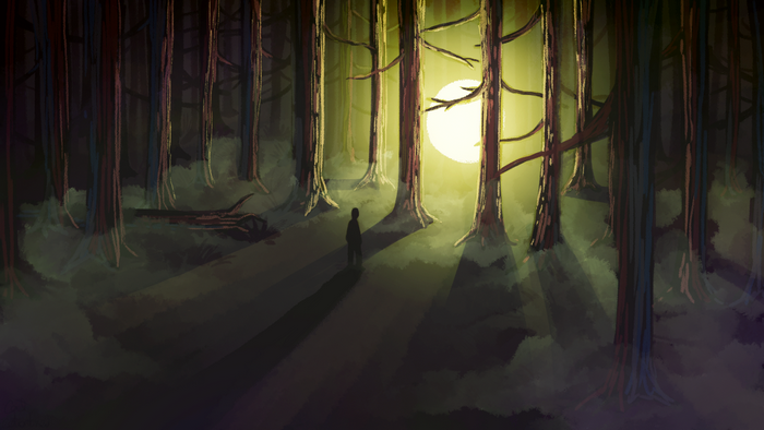 Person standing in a dark forest with moonlight