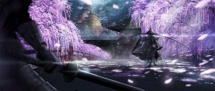 Samurai warrior in a Japanese garden with wisteria