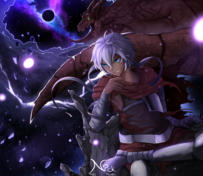 Anime boy with white hair and blue eyes and a dragon