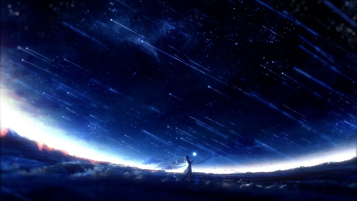 Girl reaching for a glowing orb under a starry sky