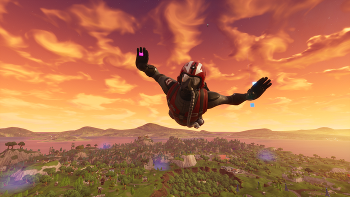 Fortnite character skydiving over landscape
