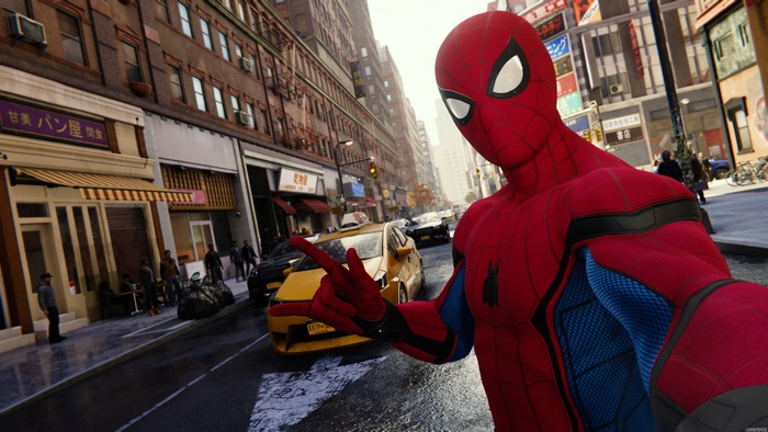 Spider-Man from Marvel Comics taking a selfie in New York City