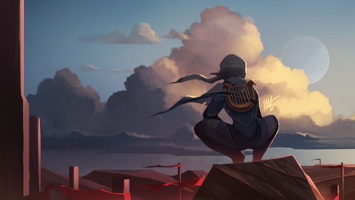 Sheik from The Legend of Zelda crouching with a harp
