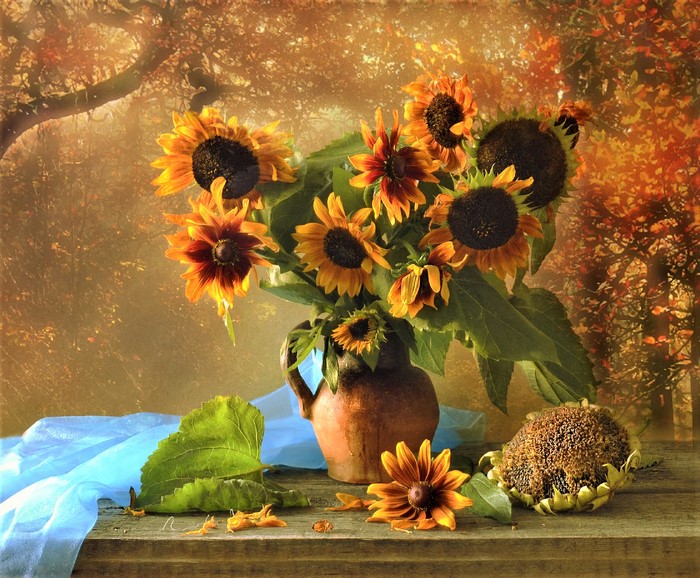 Yellow Sunflowers in Pitcher Vase Still Life