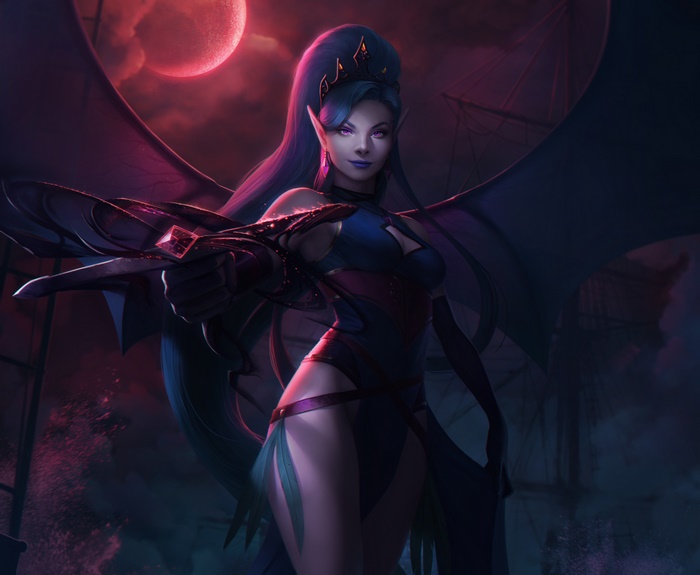 Woman with blue hair and wings holding a weapon