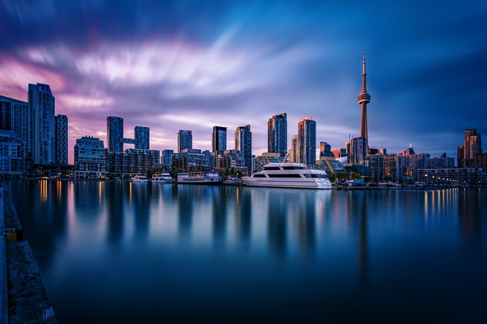 Toronto Harbor Skyline with CN Tower at Dusk