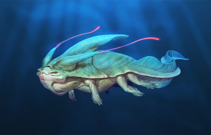 Underwater sea monster with fins and tail