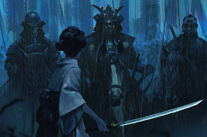 Woman with Katana faces Samurai army in rain