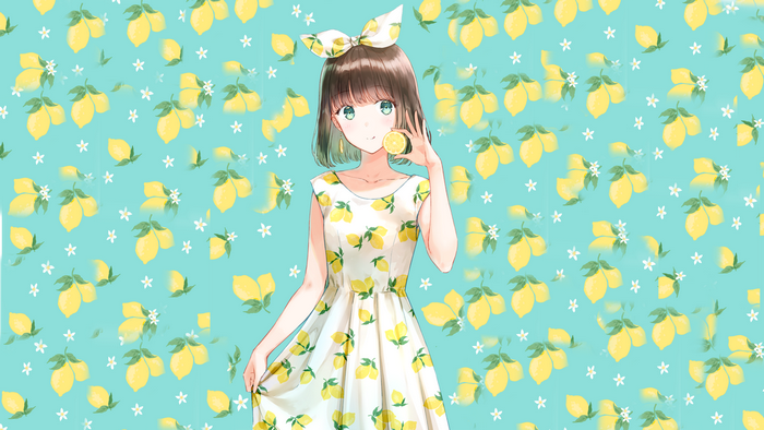 Anime Girl with Brown Hair and Green Eyes Holding a Lemon