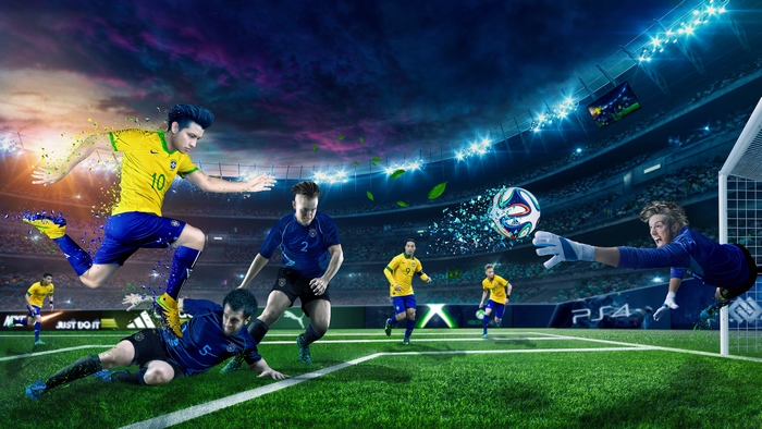 Soccer players in a stadium with a PS4 logo