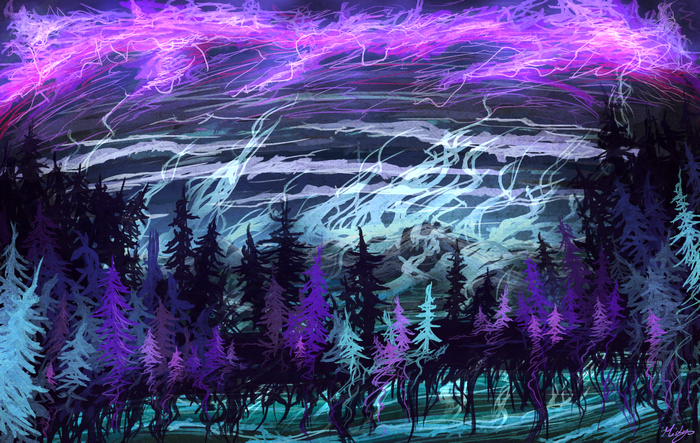 Magical night sky over a dark forest