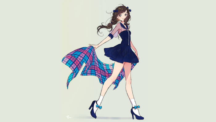 Smiling Anime Girl in Navy Dress