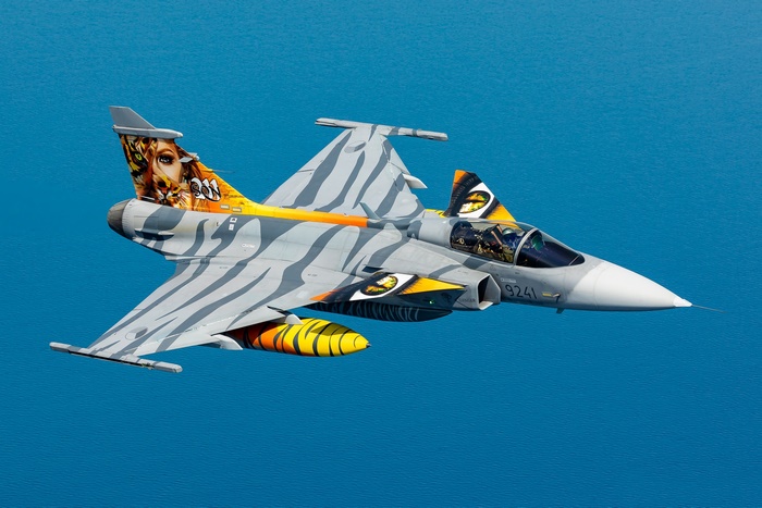 Saab JAS 39 Gripen jet fighter with tiger livery