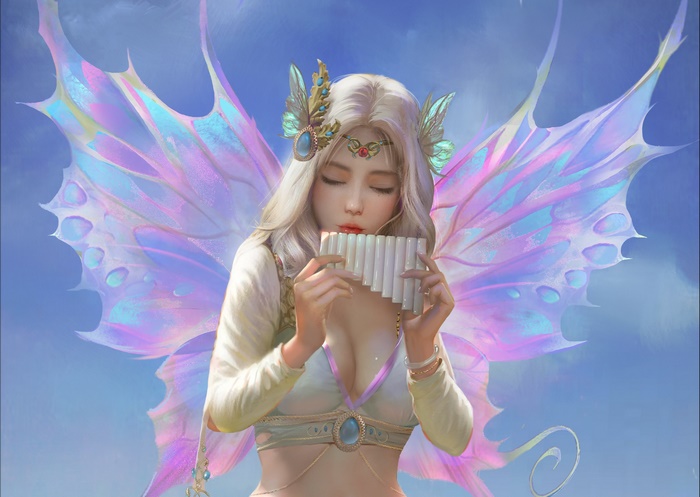 Ethereal Fairy Woman with White Hair Playing Flute