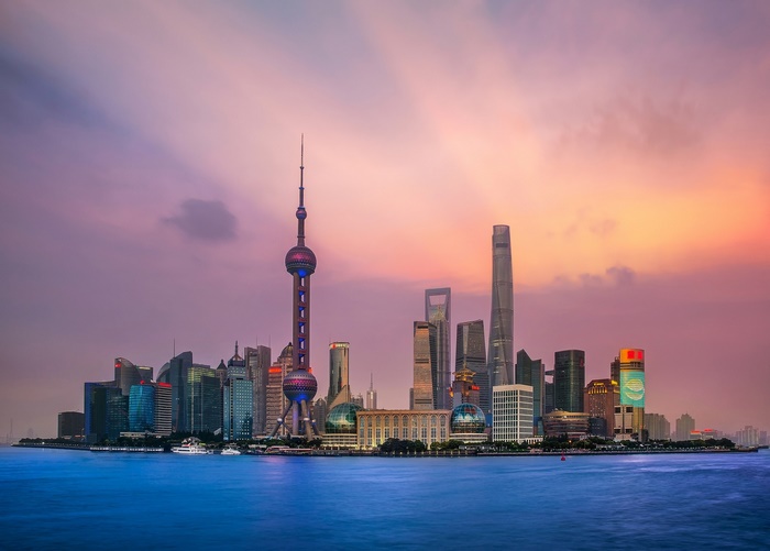 Shanghai Skyline with Oriental Pearl Tower at Sunset