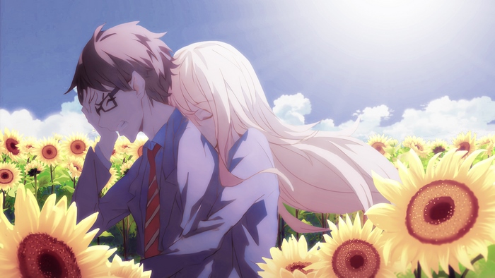 Kousei Arima and Kaori Miyazono in a sunflower field