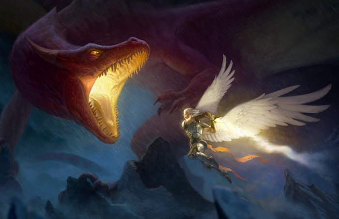 Angel Warrior Fights a Red Dragon in the Rain
