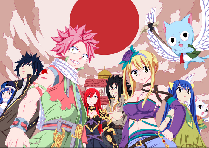 Fairy Tail characters Natsu, Lucy, Gray, Erza, Gajeel, Wendy, Juvia, and Happy