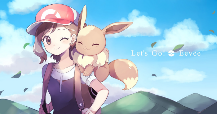 Elaine with Eevee on Shoulder in Sunny Landscape