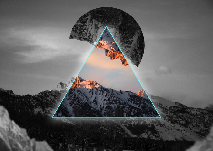 Geometric Triangle Over Snowy Mountains at Evening 4K