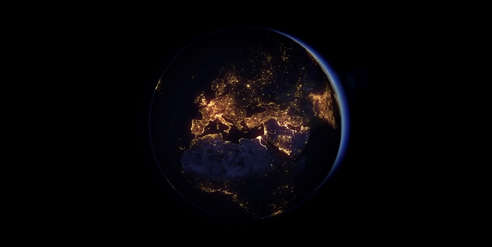 Earth at night showing lights over Europe and Africa