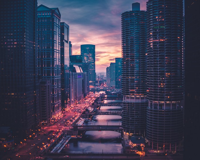 Chicago River at Dusk with Skyscrapers and Bridges