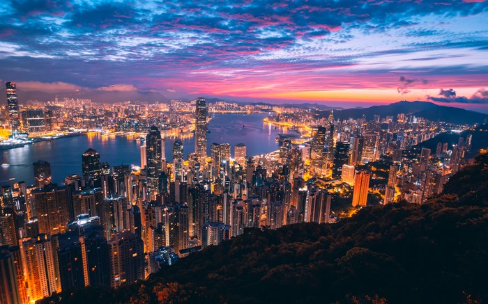 Hong Kong Victoria Harbor at Sunset Aerial View