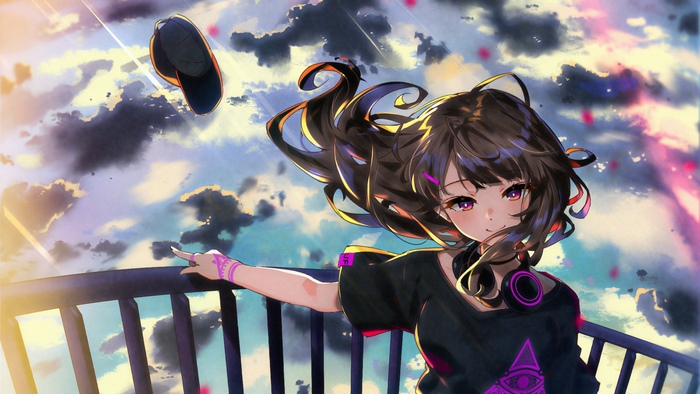 Anime Girl with Flowing Hair and Flying Cap at Sunset 4K