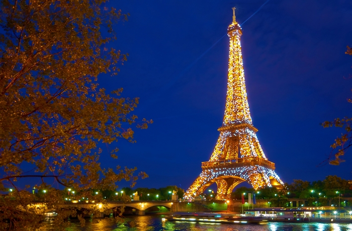Eiffel Tower at Night with River Seine