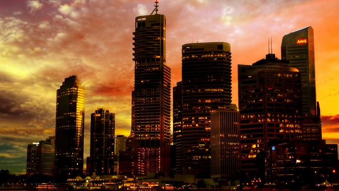 Cityscape with skyscrapers at sunset