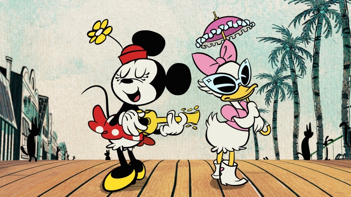 Minnie Mouse and Daisy Duck on a Boardwalk