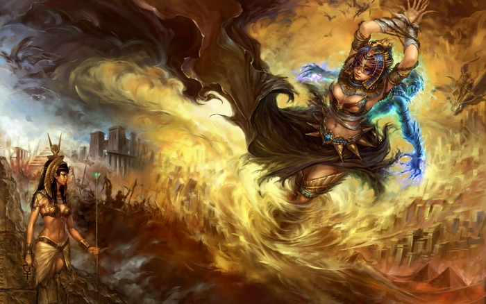 Egyptian Goddesses in a Fiery Battle