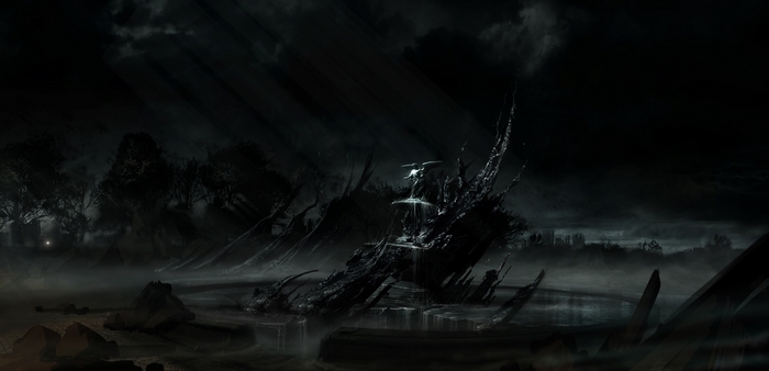 Dark fantasy landscape with ruins and fog