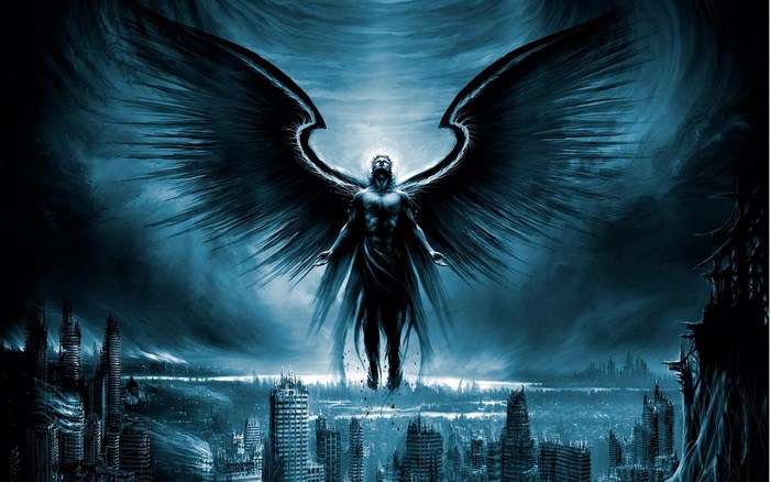 Angel with black wings over ruined city