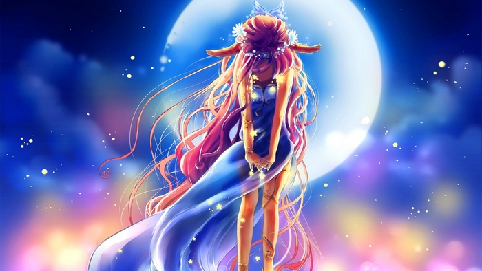 Anime girl with long hair under the moon