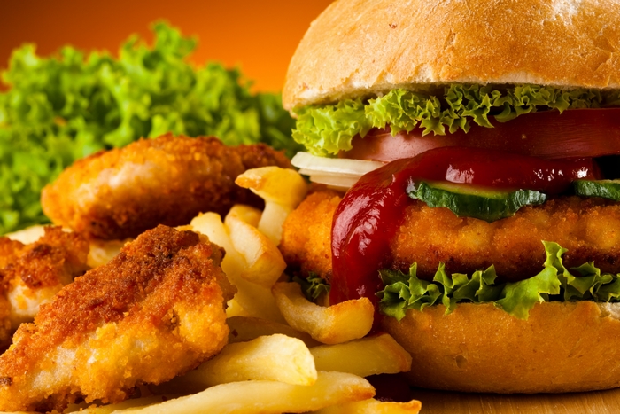 Burger, chicken nuggets, and french fries